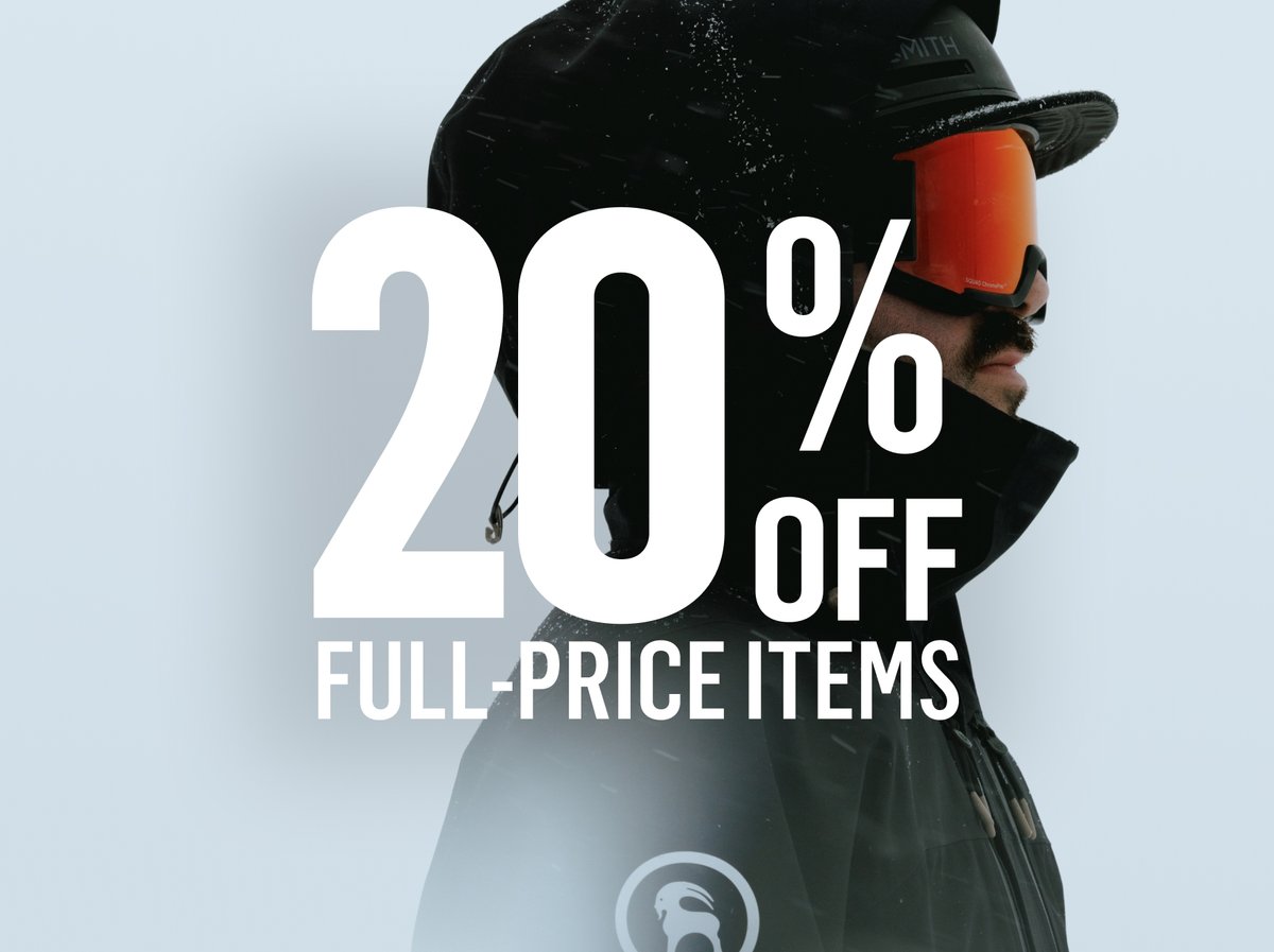 Skier in a black BGA outerwear jacket and orange-lens goggles in falling snow: “20% OFF FULL-PRICE ITEMS.”