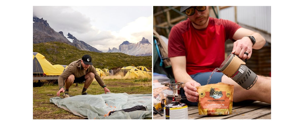 Two images appear side by side. In the first, a man lays out a tent. In the second image, a man pours boiling water into a quick-meal pouch.