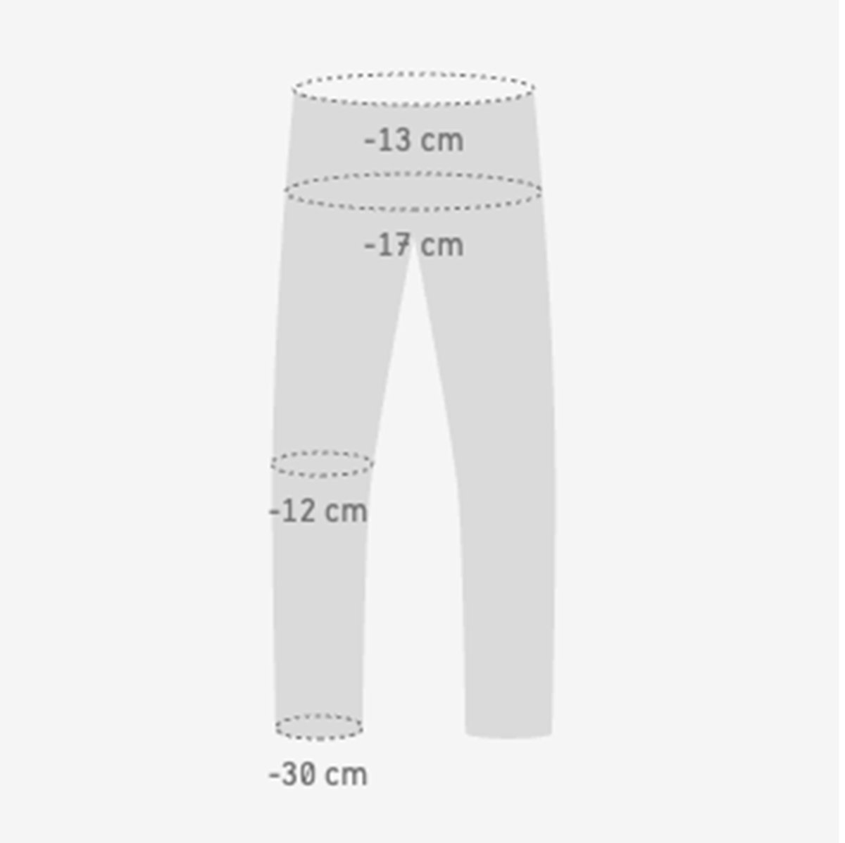 A pair of pants with -13 cm around the waistband, -17 cm around the crotch, -12 cm around the knee, and -30 cm around the cuff.