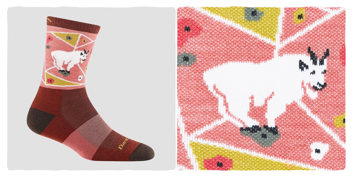A sock with the image of a mountain goat climbing an indoor climbing wall.