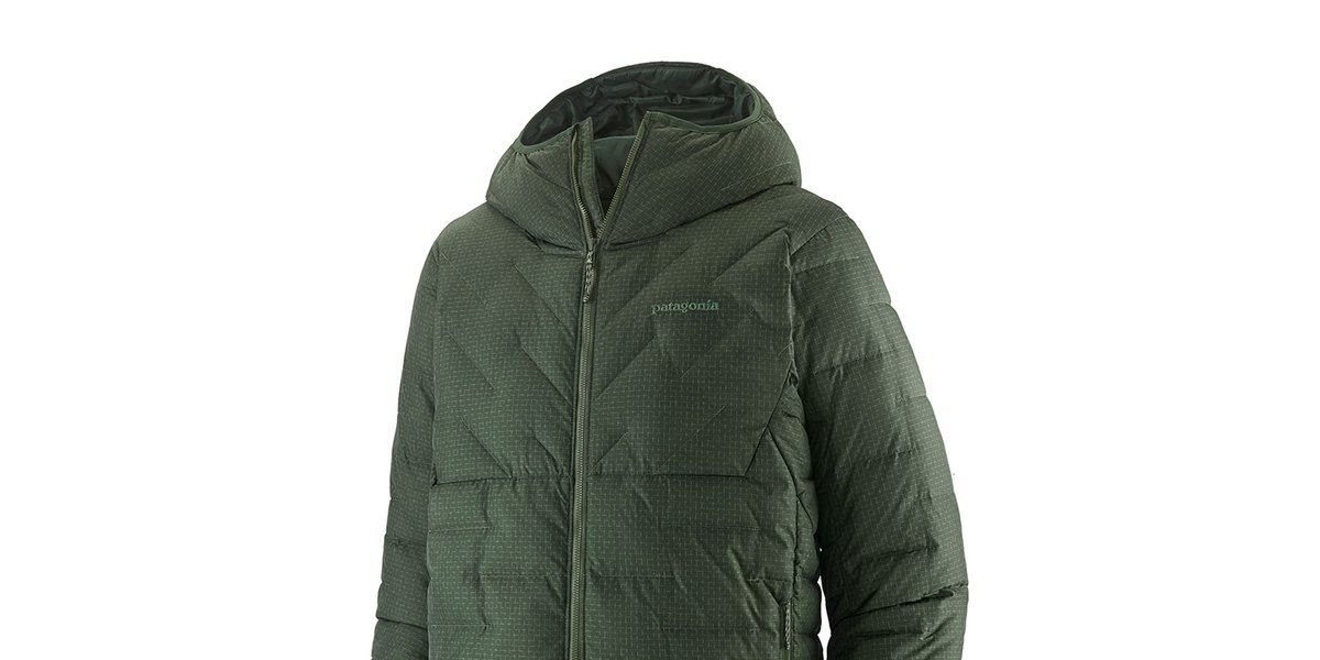Green patagonia durable down hooded jacket on white background