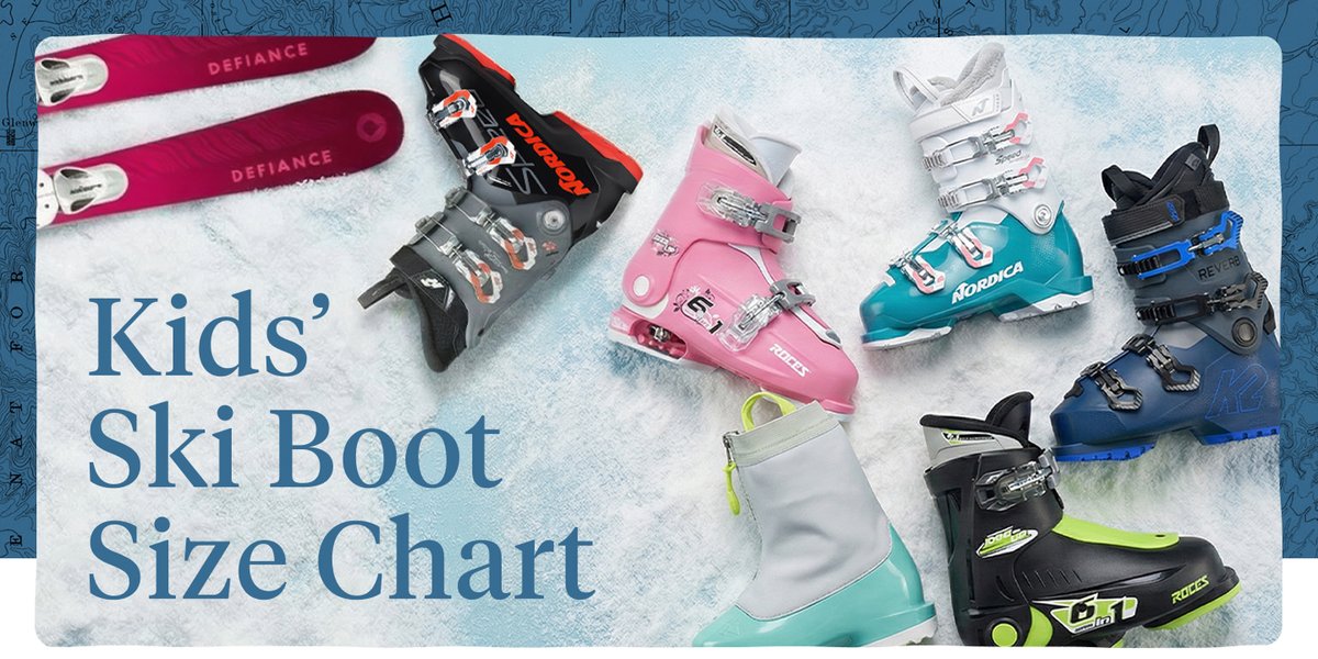 Kids' ski boots and skis staged on a snowy background.