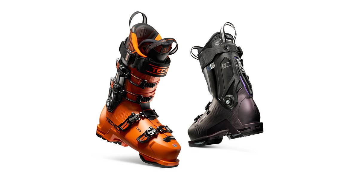 Pair of Tecnica Mach1 alpine ski boots showing front and rear views