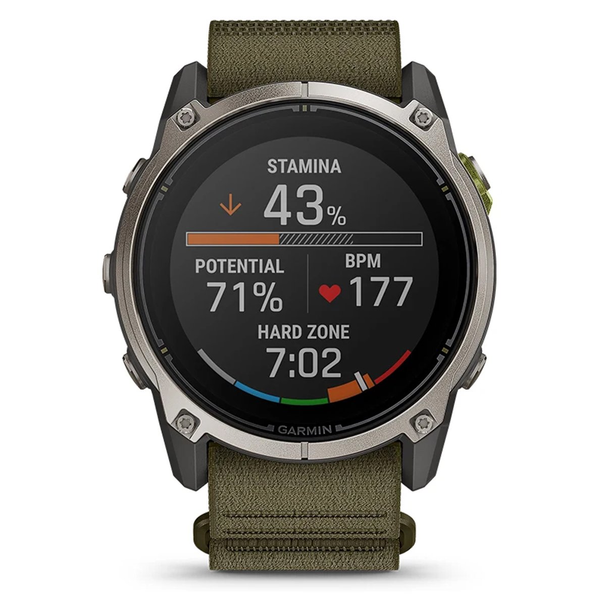 The Garmin Enduro 4 watch face shows various stats, including stamina, potential, BPM, and hard zone.