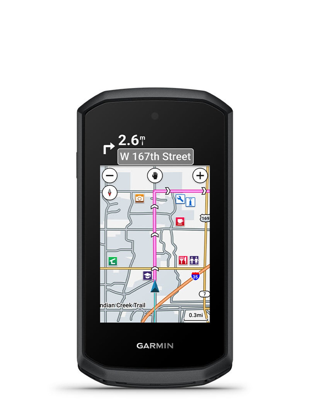 Edge Explore 3 showing turn-by-turn navigation on a city map