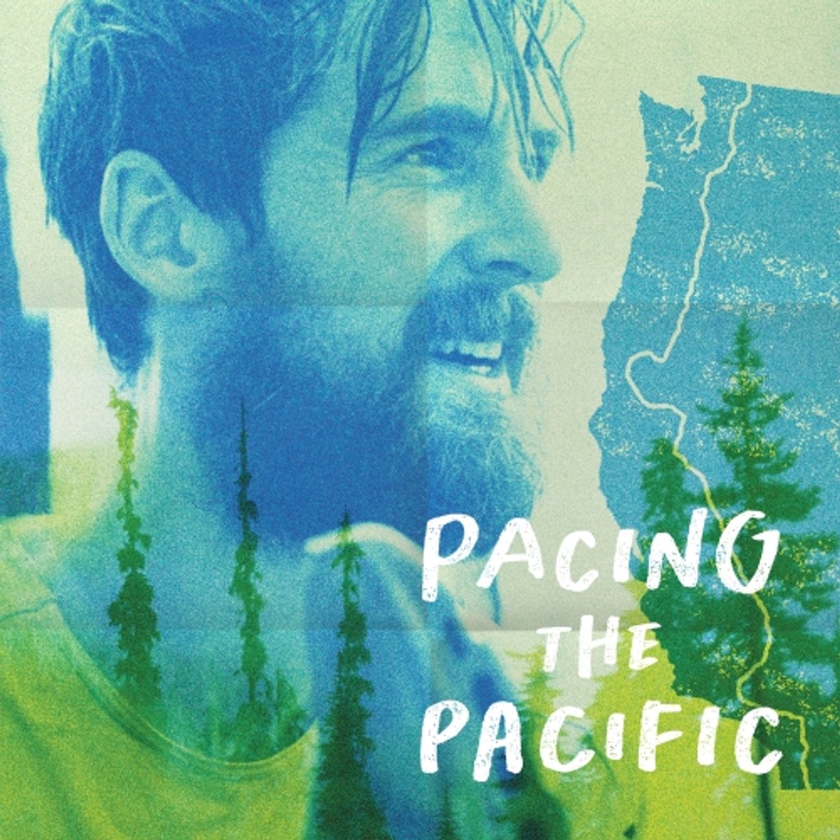 Film poster image for Pacing The Pacific featuring Karel Sabbe's portrait with a green and blue background. 