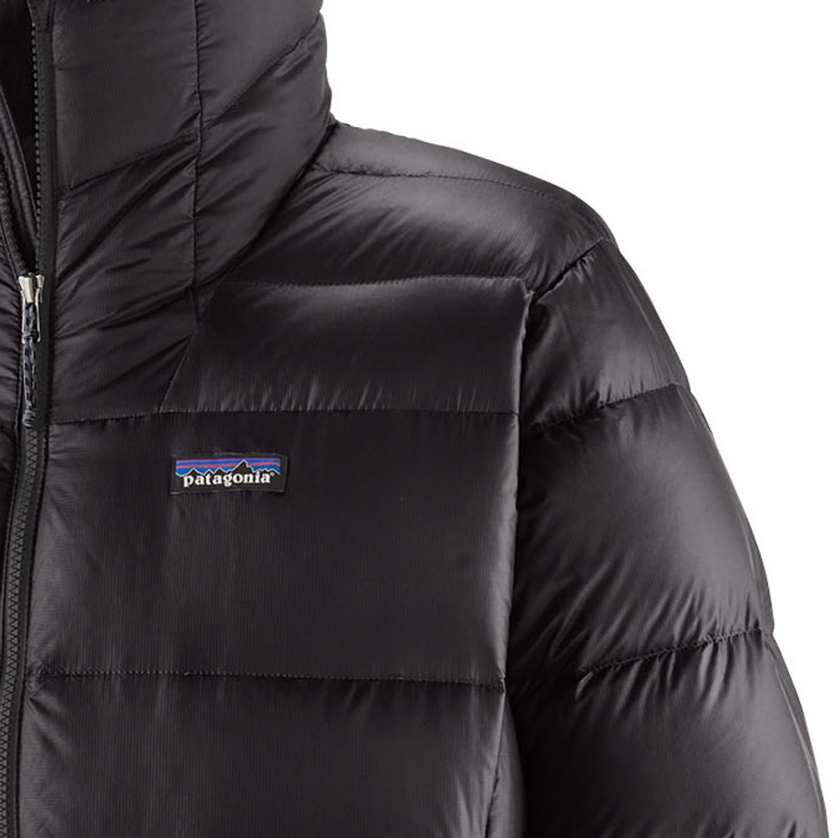 Black Fitz Roy Down jacket right chest and shoulder area showing ripstop fabric detail and Patagonia logo