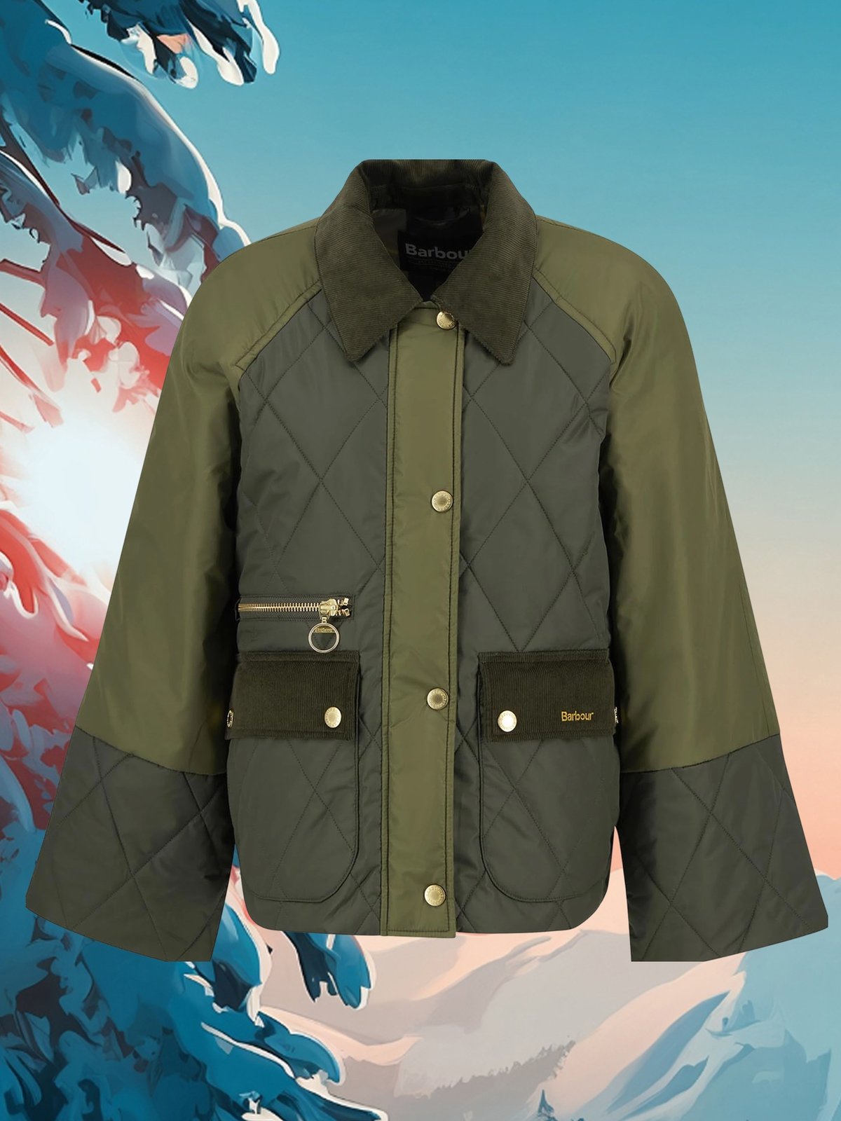A green Barbour coat with quilted body and cuffs and a corduroy collar.