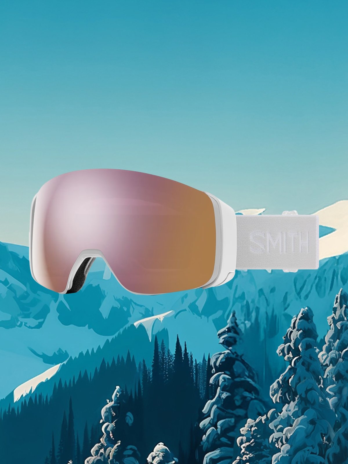 Pearl white Smith goggles with soft reflective lenses.