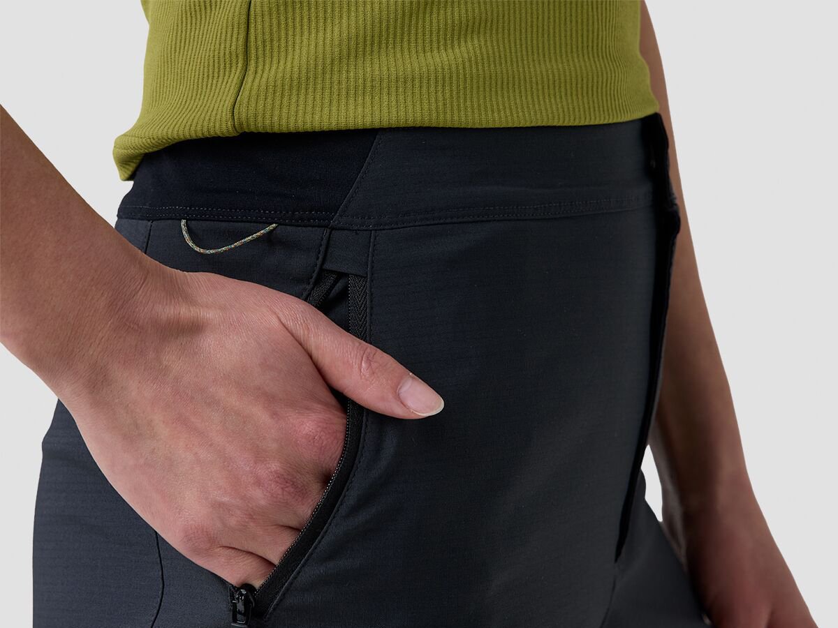 Detail of person wearing ripstop shorts with hand in a zippered pocket and locker hang loop showing above hand at the wasitband.