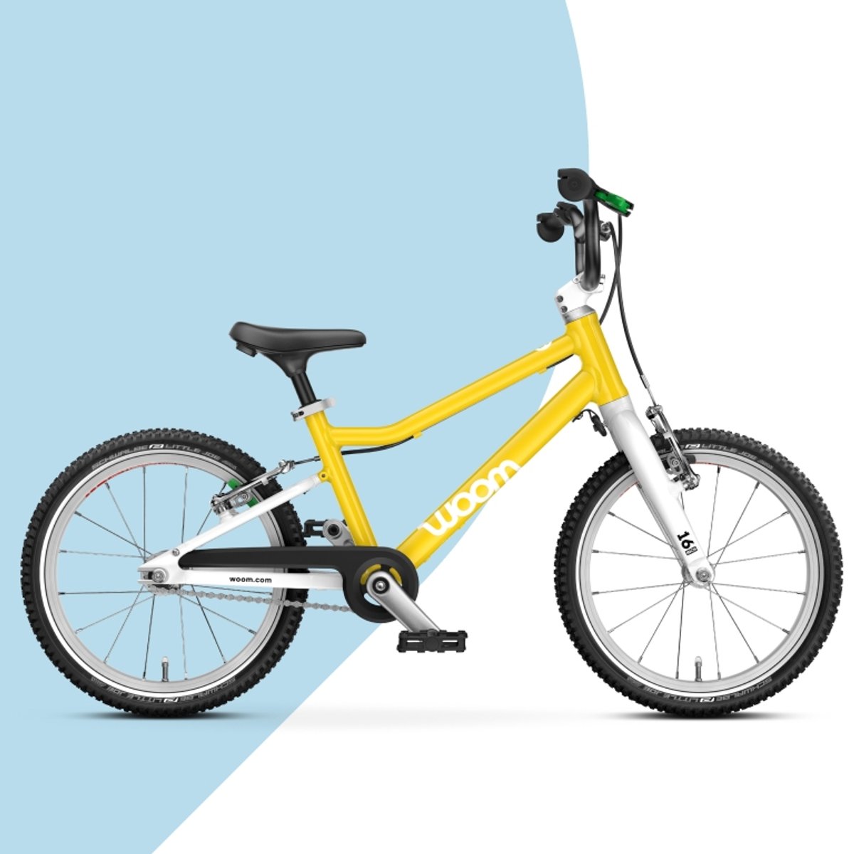 Woom Go bike in yellow color from side profile.
