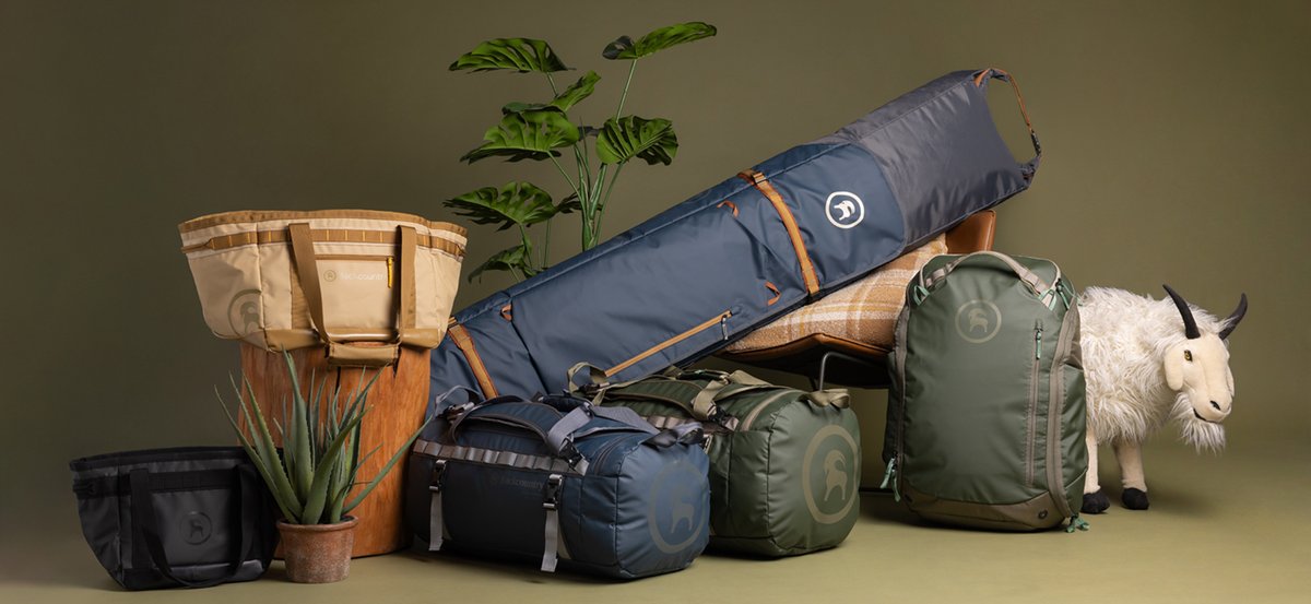 Image showing snow bag collection including duffel bags, rolling ski bag, boot bag, and carry tote alongside a plant and a fake goat.