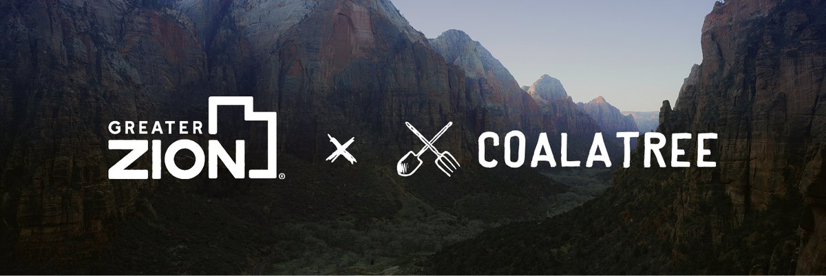 Greater Zion and Coalatree logos overlaid on a dramatic red rock canyon landscape at dusk.