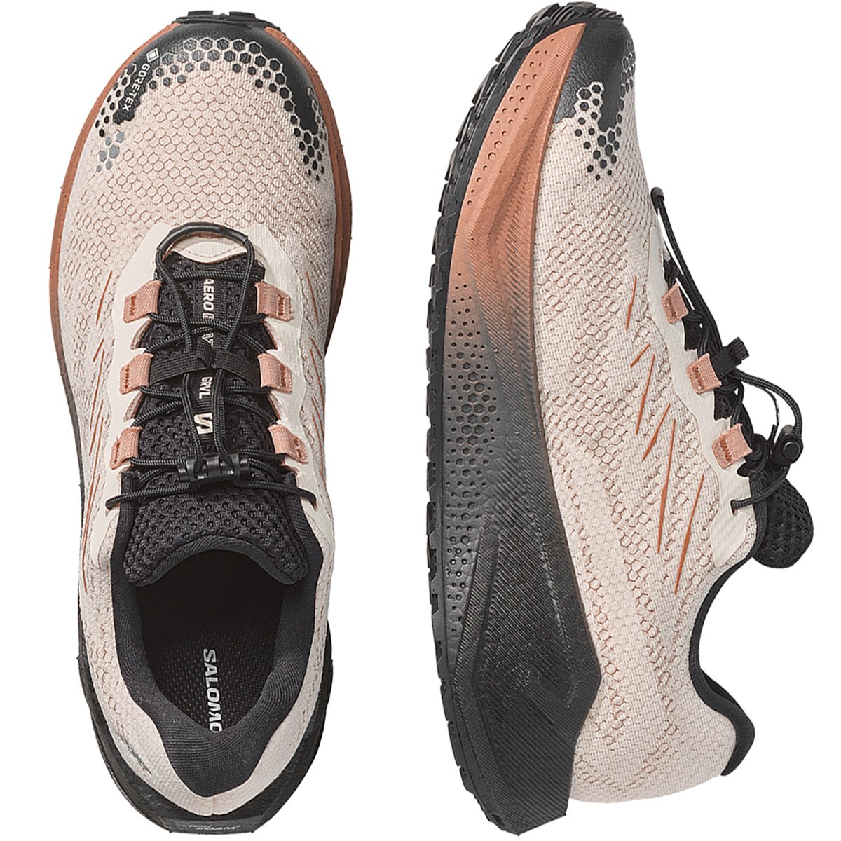 Top-down and side profile views of Salomon Aero Blaze 4 GRVL GTX showing quickLACE system, upper mesh, and midsole sidewall detail