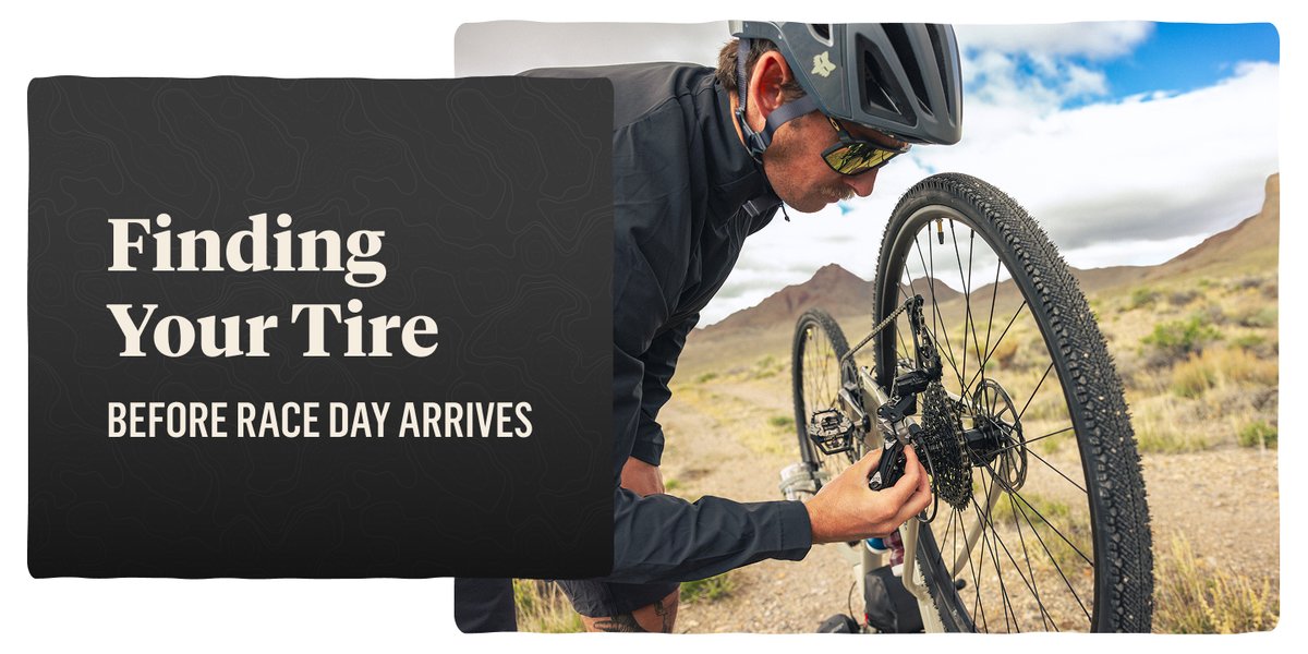 A gravel rider teching his bike roadside. Text reads “Finding your tire before race day arrives.”