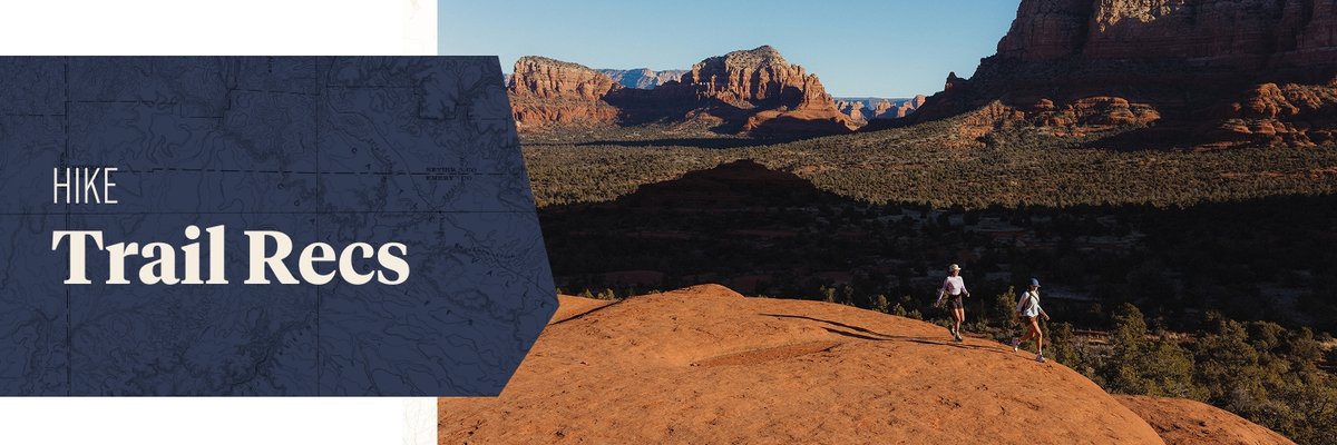 Two people hike on red sandstone. Text overlay reads: Hike Trail Recs