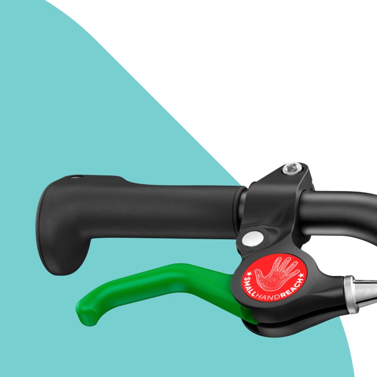 Detail shot of the front right hand rear wheel brake that's colored green fro easy use.