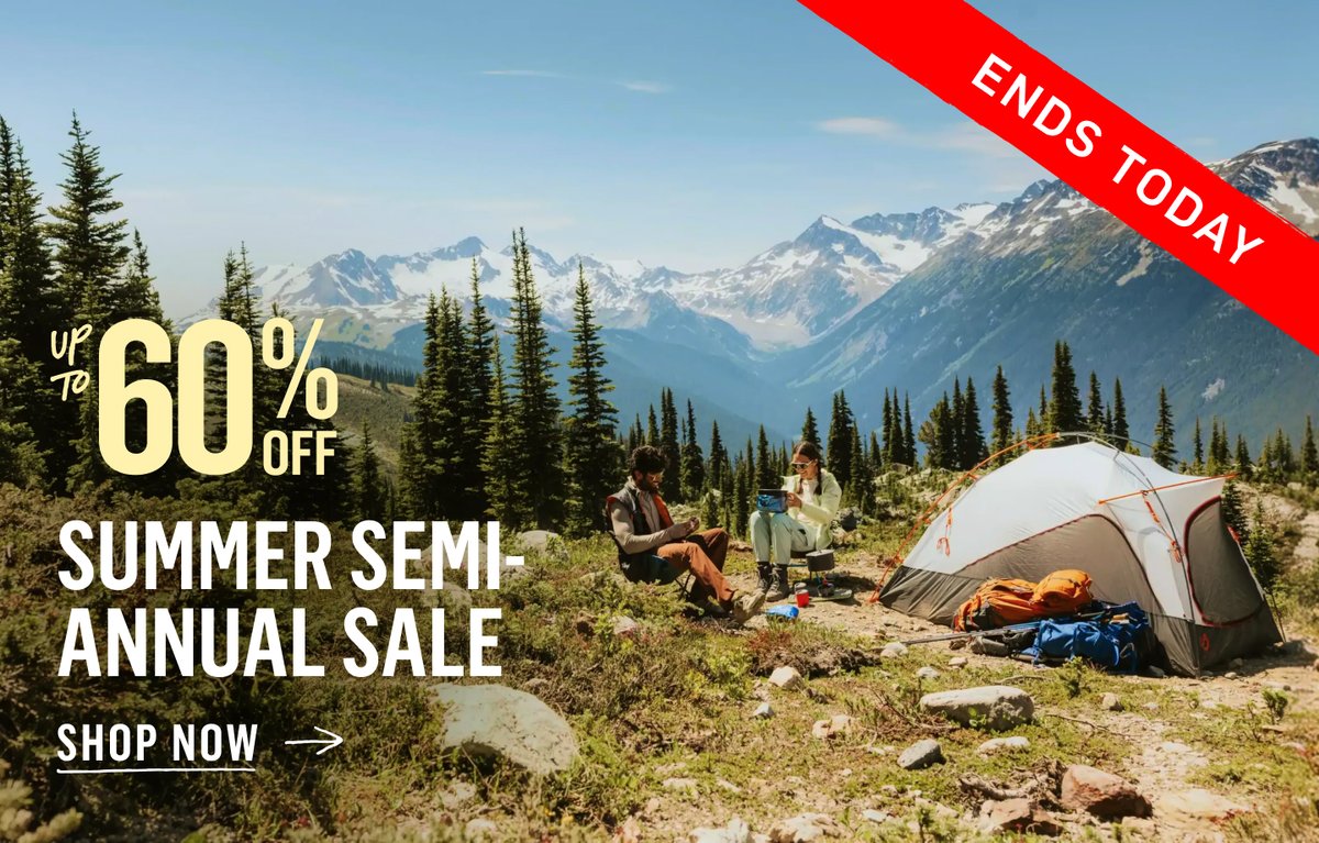 Up to 60% off Summer Semi Annual Sale, ends today — campers relax at a mountain tent campsite with snow-capped peaks. Shop now.