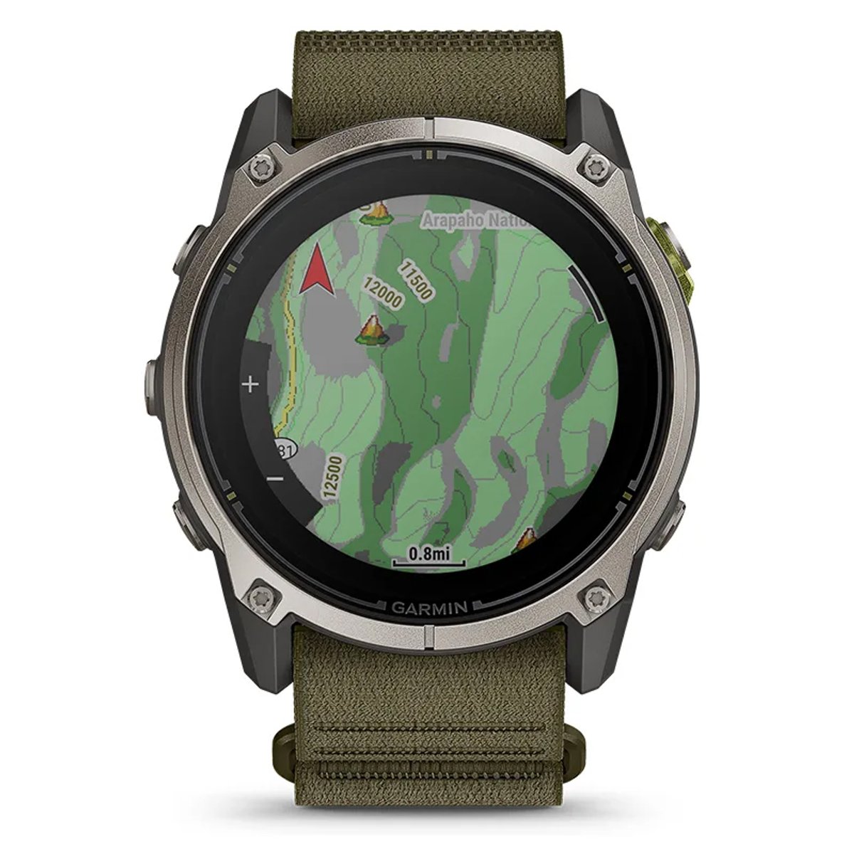 The Garmin Enduro 4 shows a topographical map of a mountainous area.