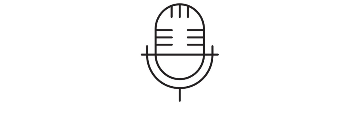 A line drawing of a vintage radio announcer-style microphone.