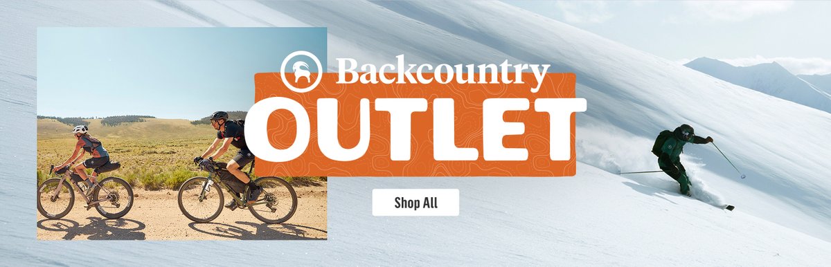 Backcountry Outlet logo in white on an orange topographic-pattern banner, layered over photos of two cyclists riding mountain bikes through a sunny grassy valley and a skier in a green jacket carving through fresh powder on a snowy slope.