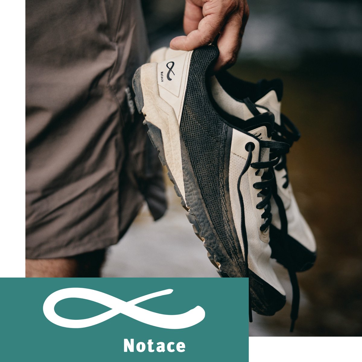 Notace sneakers with infinity symbol — white and dark mesh athletic shoe held in hands, teal brand banner below. Shop Notace