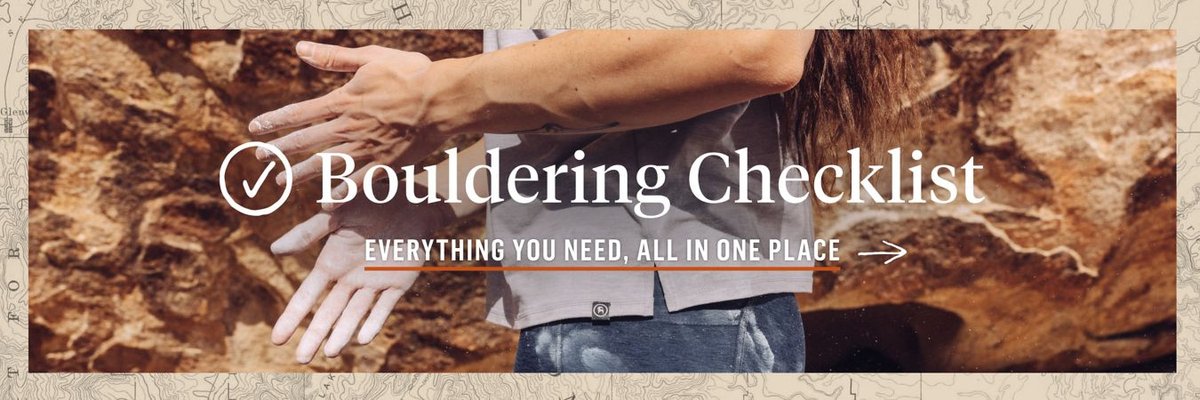 A man brushes chalky hands together. Text overlay reads: bouldering checklist: everything you need, all in one place.