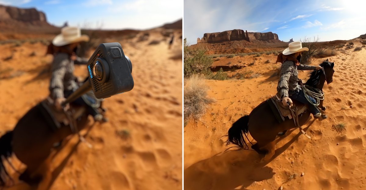 Side by side image comparison of cowboy riding a horse with first showing the camera pole and the second without.