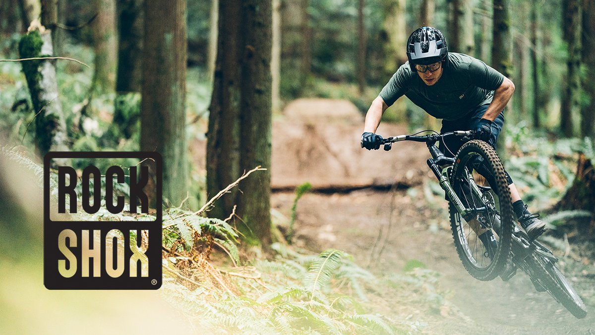 Mountain biker getting air on a dirt trail in the forest.
