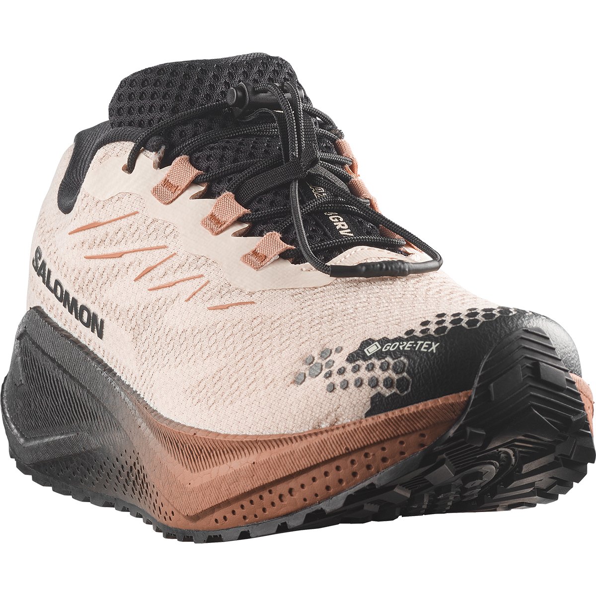 Salomon Aero Blaze 4 GRVL GTX in Vanilla Ice/Black/Burro, three-quarter front view showing GORE-TEX badge and mesh upper construction