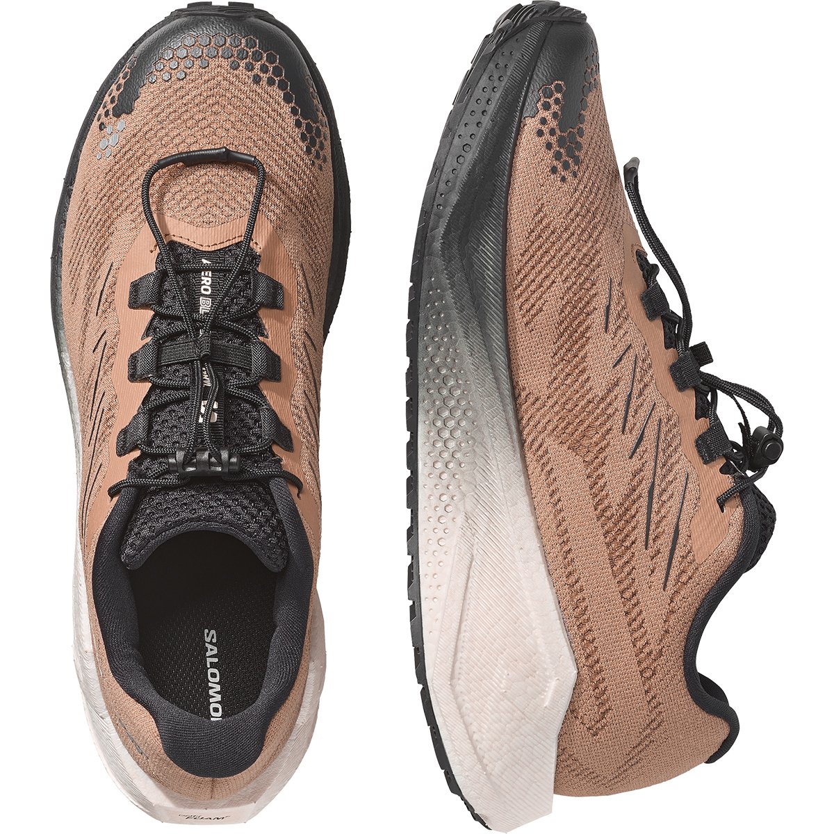 Top-down and side profile views of Salomon Aero Blaze 4 GRVL Running Shoe showing quickLACE system and upper mesh detail