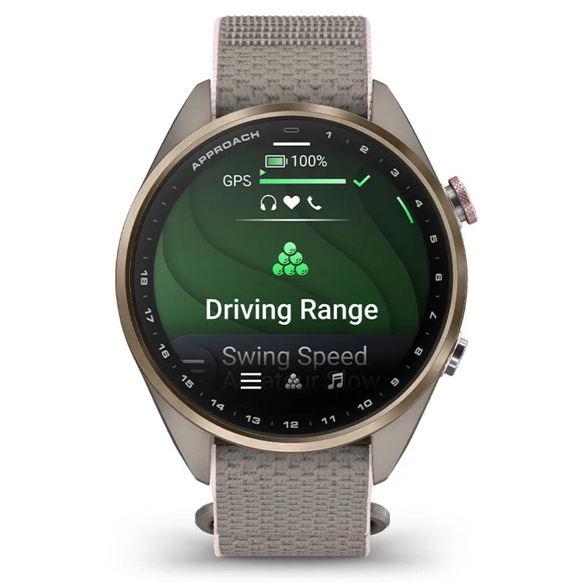 The Garmin Approach S72 shows a driving range activity screen.