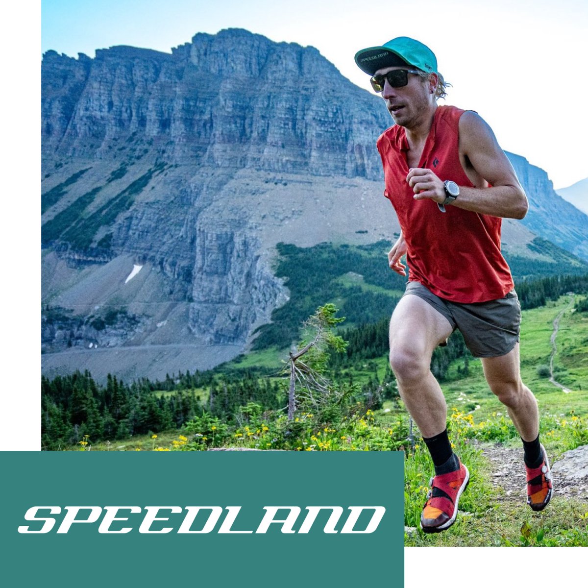 Shop SPEEDLAND — trail runner in motion on alpine terrain with dramatic mountain cliffs and forest