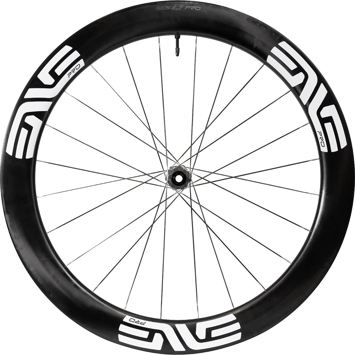 Front-facing view of ENVE SES 6.7 PRO wheel in black and white, showing spokes and hub.