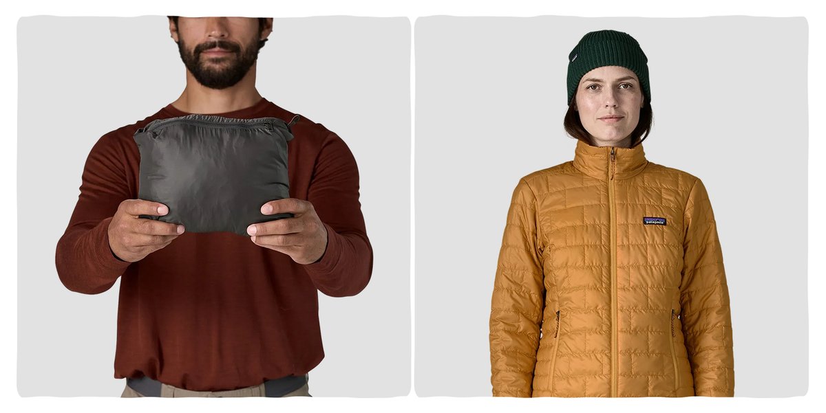 A man holds a small packet in front of him—it’s a puffy jacket packed into a pocket. Next to him is a woman in a gold Nano Puff jacket.