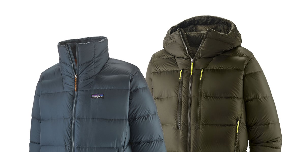 Fitz Roy hooded and non-hooded down jacket side by side on white background.