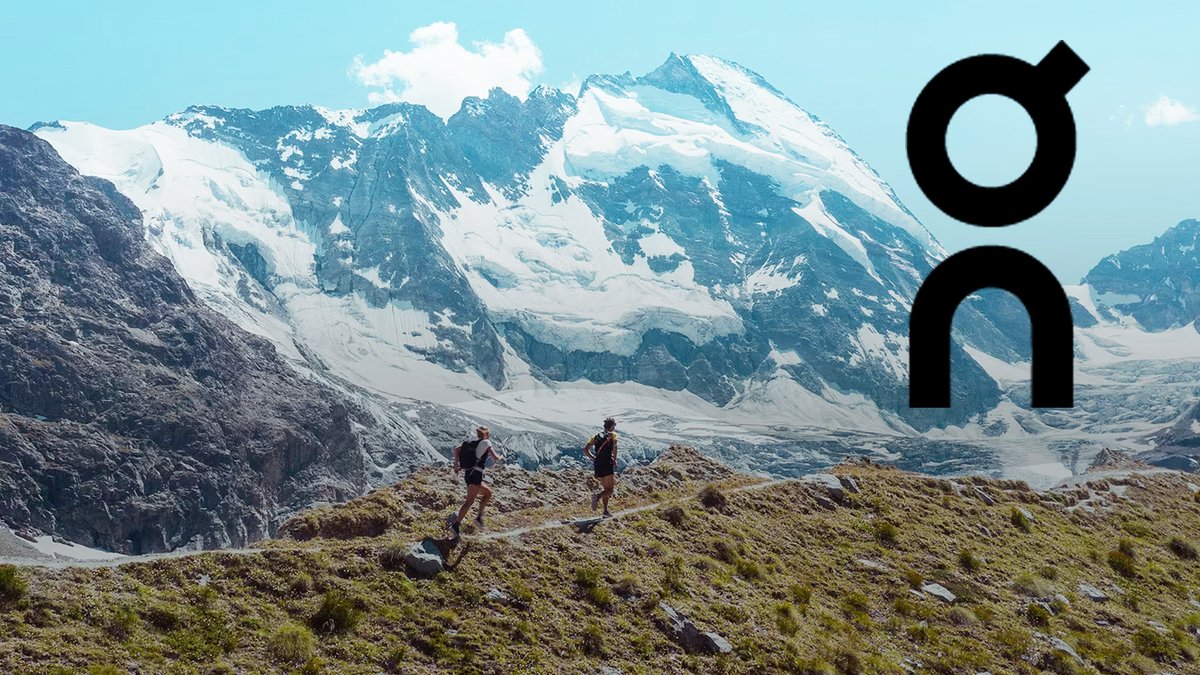 Two trail runners on a mountain trail with snowy peak in the background and an "ON" logo overlay.