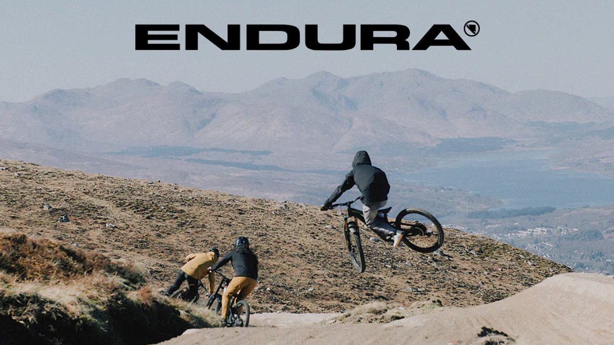 Two mountain bikers navigate a steep, rocky descent with expansive mountain peaks visible in the distant valley landscape.