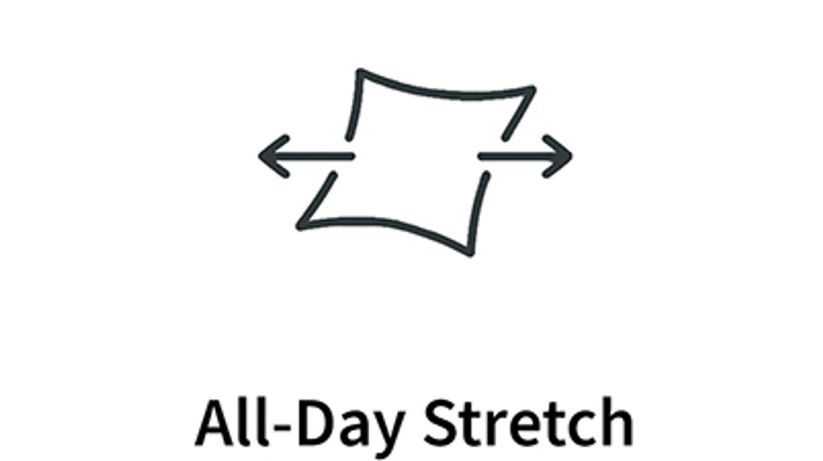 Graphic icon showing All-Day Stretch with a square of fabric and two arrows coming out of it.
