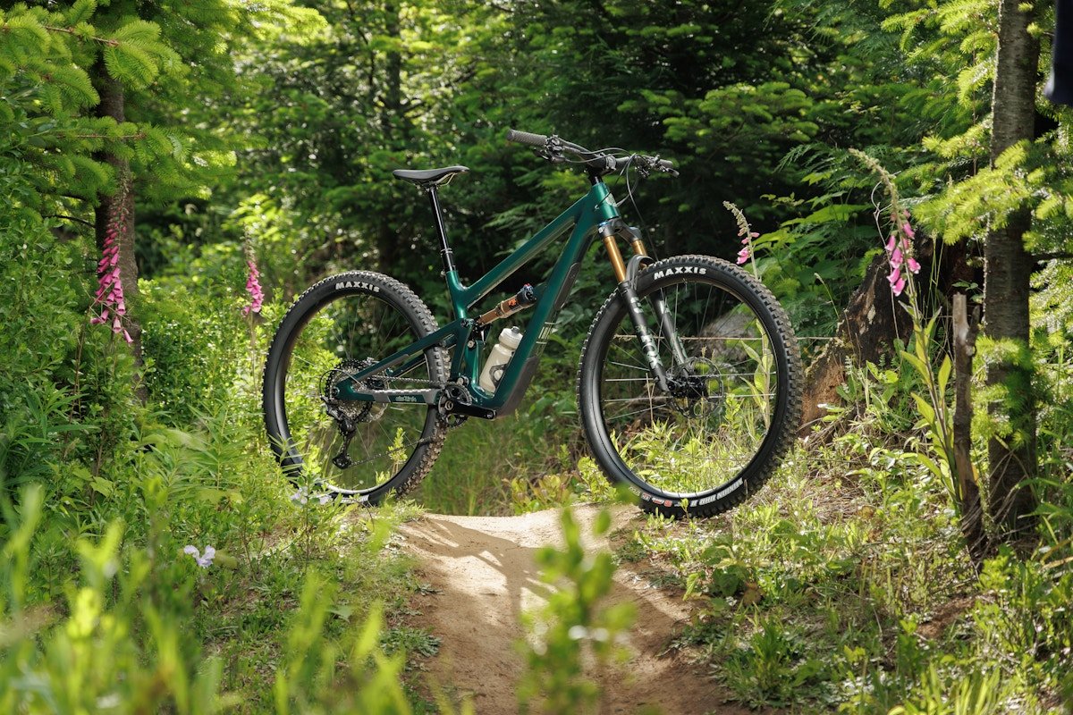 Ibis Ripley mountain bike standing astride a bike trail with trees and wildflowers on either side.