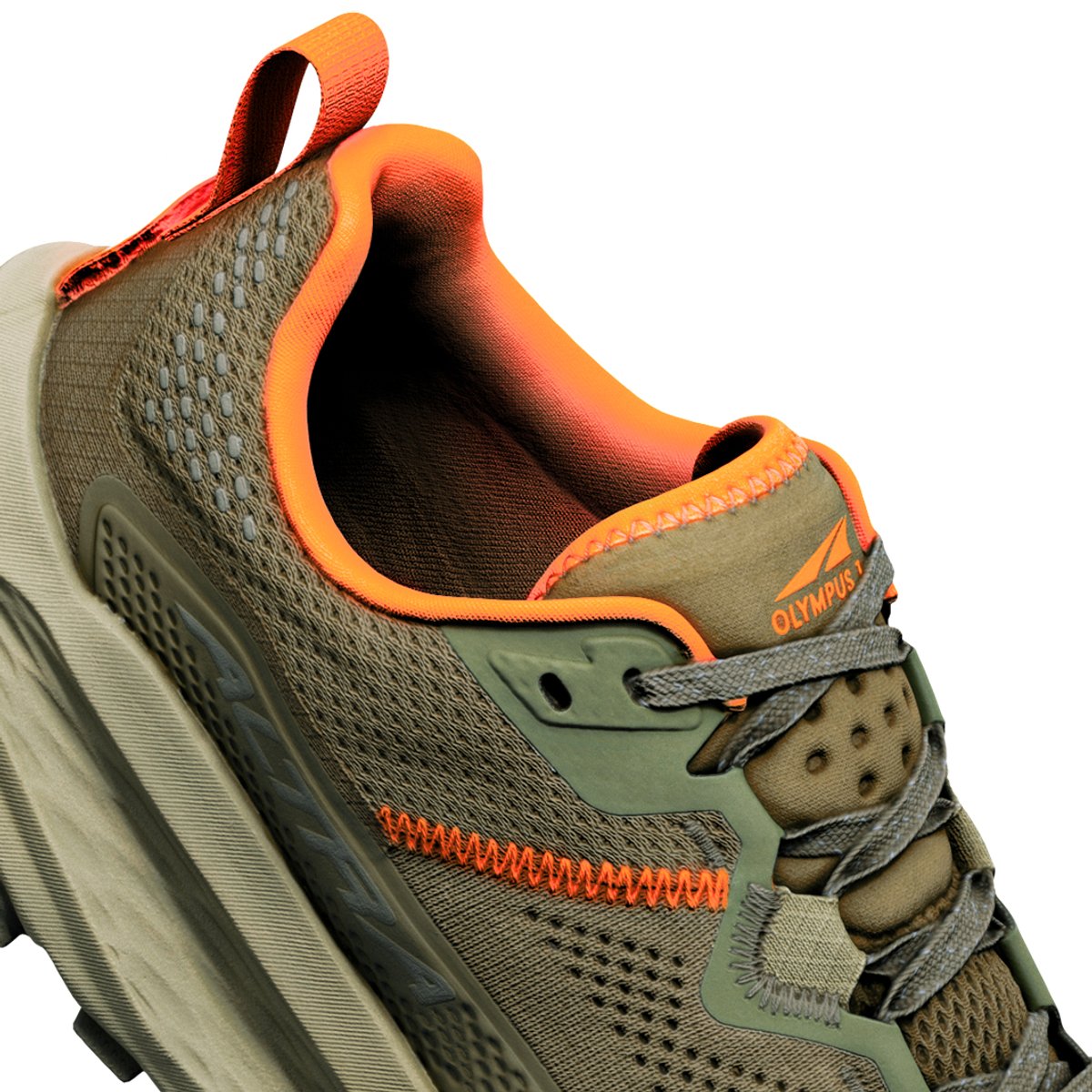 Detail shot from the side of Altra Olympus 7 padded tongue and ankle collar.
