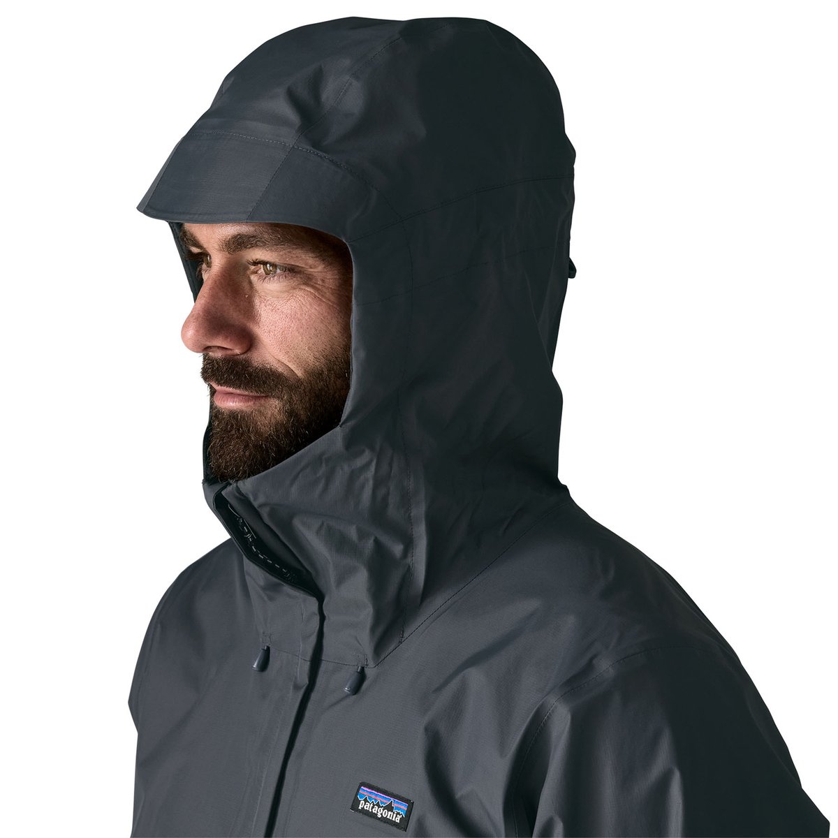 A closeup of the adjustable hood of the Patagonia Torrentshell 3L