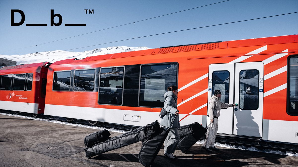 Swiss mountain train with skiers boarding carrying DB bags in snowy alpine setting featuring red and white Gornergrat railway cars and snow-covered peaks.