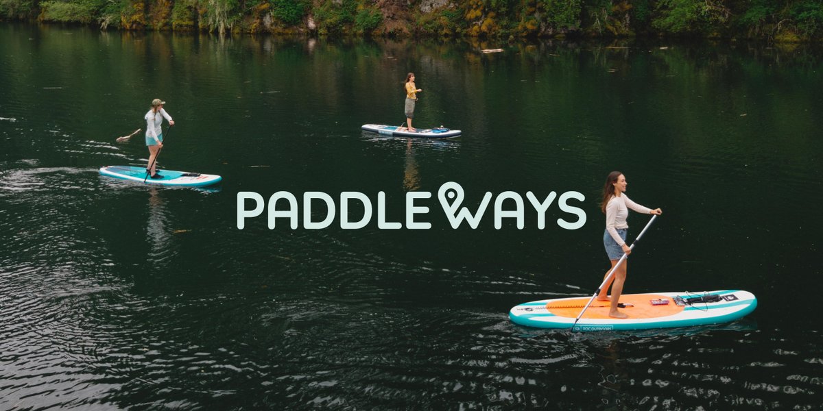 Woman paddleboarding on a dark, calm lake, featuring the Paddleways logo.