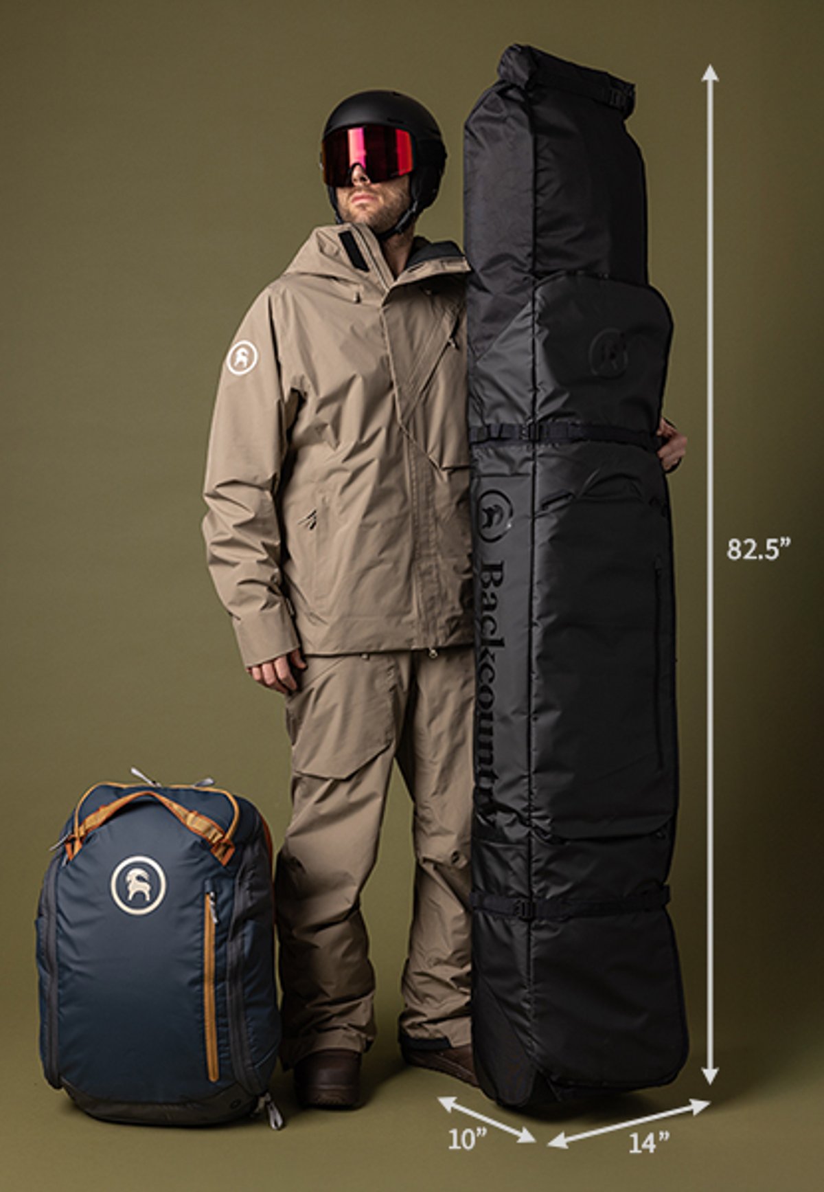 Person in ski outerwear holding rolling ski bag with dimension infographics next to it.