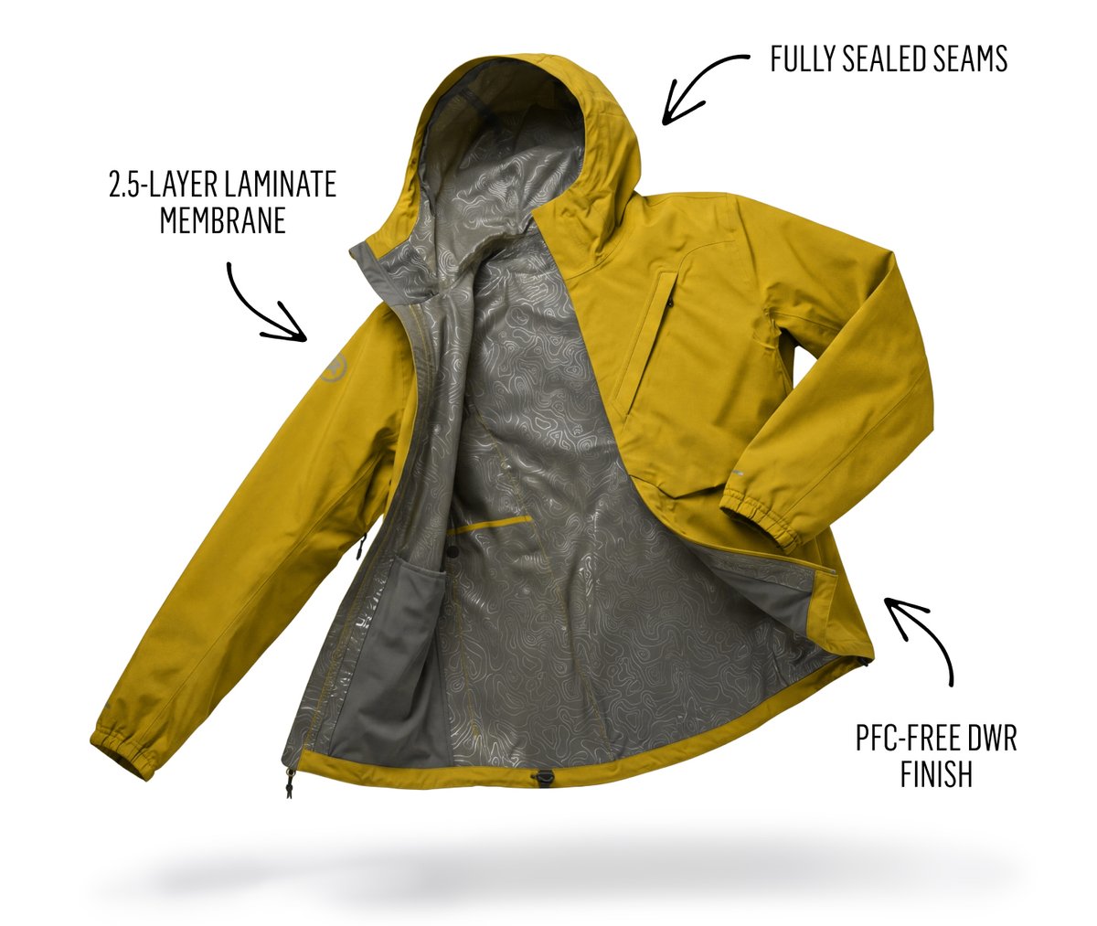 Waterproof hardshell jacket with topographic print lining displayed open highlighting sealed seams and DWR waterproof construction features