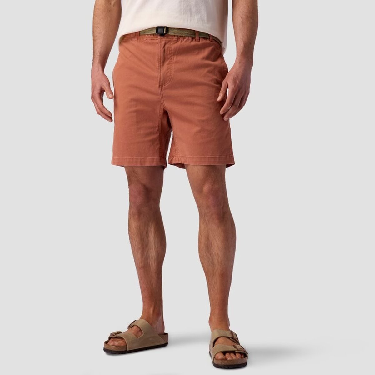 Men's BGA Venture Daily short paired with tan sandals on a neutral background.