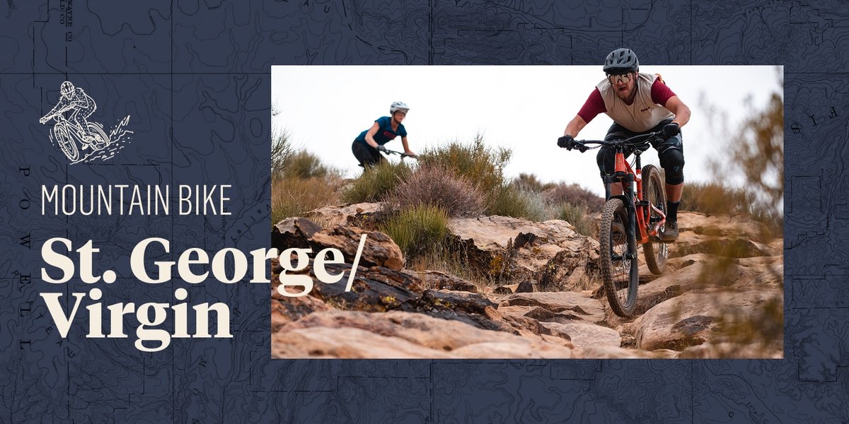 Two mountain bikers ride a rocky trail on mountain bikes. There is a topographic frame around the image. Text overlay reads: Mountain Bike St. George/ Virgin