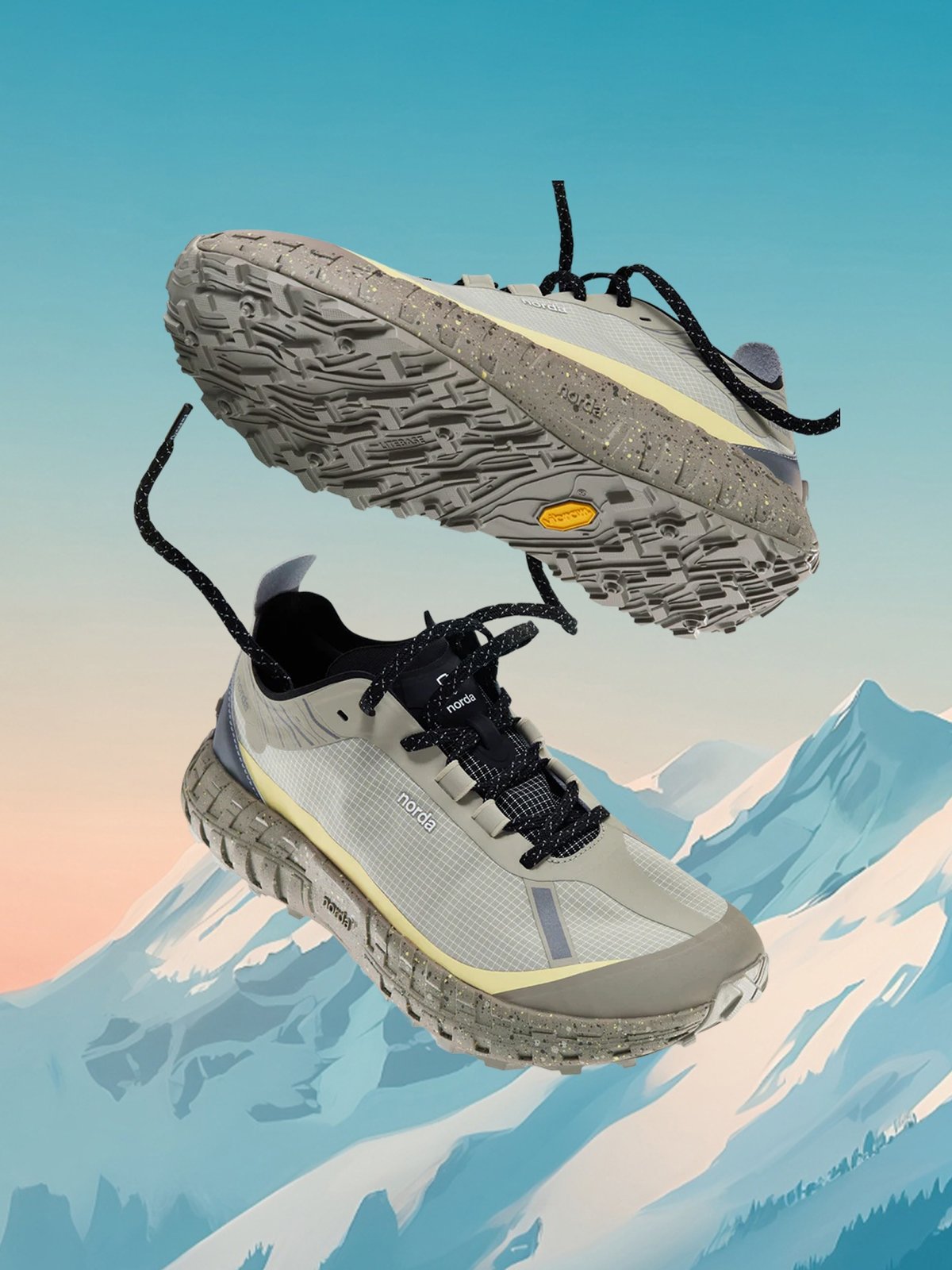 Grey Norda trail running shoes.