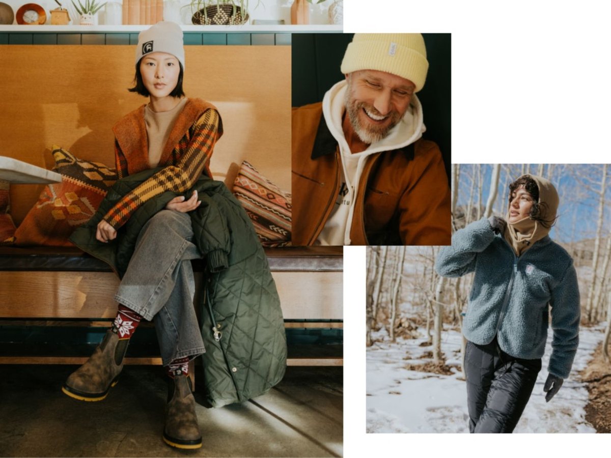 A woman wearing a knit cardigan, a man wearing a hoodie layered under a jacket, and a second woman wearing a high-pile fleece sweater.